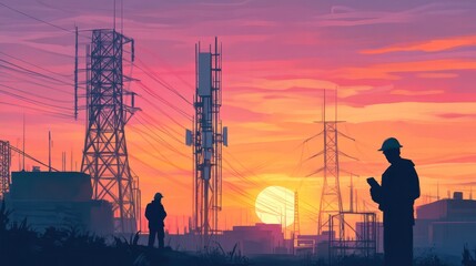 Engineers developing innovative technologies for the telecommunications industry. Illustrations