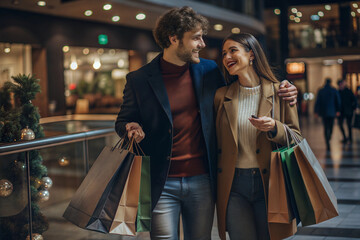 Happy young couple are shopping for presents at Christmas in shopping mall. People holiday sale shopping concept