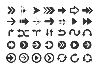 Set of black arrow icons. Various packaging symbols. Motion pointers. Site and player control buttons. Flat style logos. Information pointers. Wayfinding directions. Modern simple vector arrows.