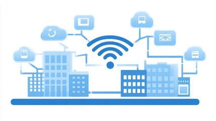 Naklejka premium City interconnection, Internet connection over city, Internet icon over city
