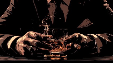 A pair of hands delicately hold a whiskey glass, smoke from a cigar drifting elegantly nearby.