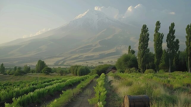 Sunlight breaks through clouds over mount ararat with noah s ark in the foreground