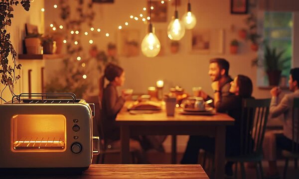 A cozy dining scene with a toaster in the foreground and two people enjoying a meal.