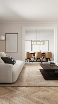 3d Render of modern livingroom with classical white walls. Wood floor. White sofa and dark armchairs. Wood low table and carpet. Golden floor lamp and window with natural light.