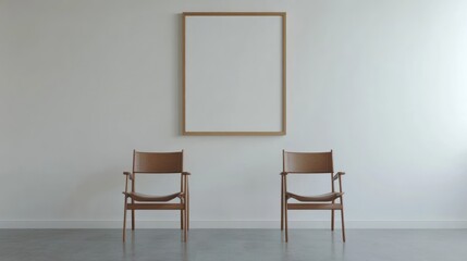 Minimalist interior featuring two chairs and an empty frame on a light wall.