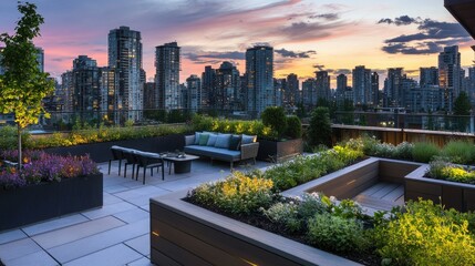 Fototapeta premium A picturesque rooftop garden featuring raised beds and a seating area, overlooking a vibrant city skyline as the day transitions to night.