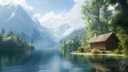 Fototapeta premium A picturesque wooden cabin resting peacefully by a serene lake, with majestic mountains in the background and lush greenery all around.