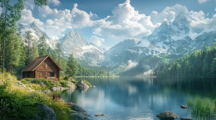 Fototapeta premium A picturesque wooden cabin resting peacefully by a serene lake, with majestic mountains in the background and lush greenery all around.