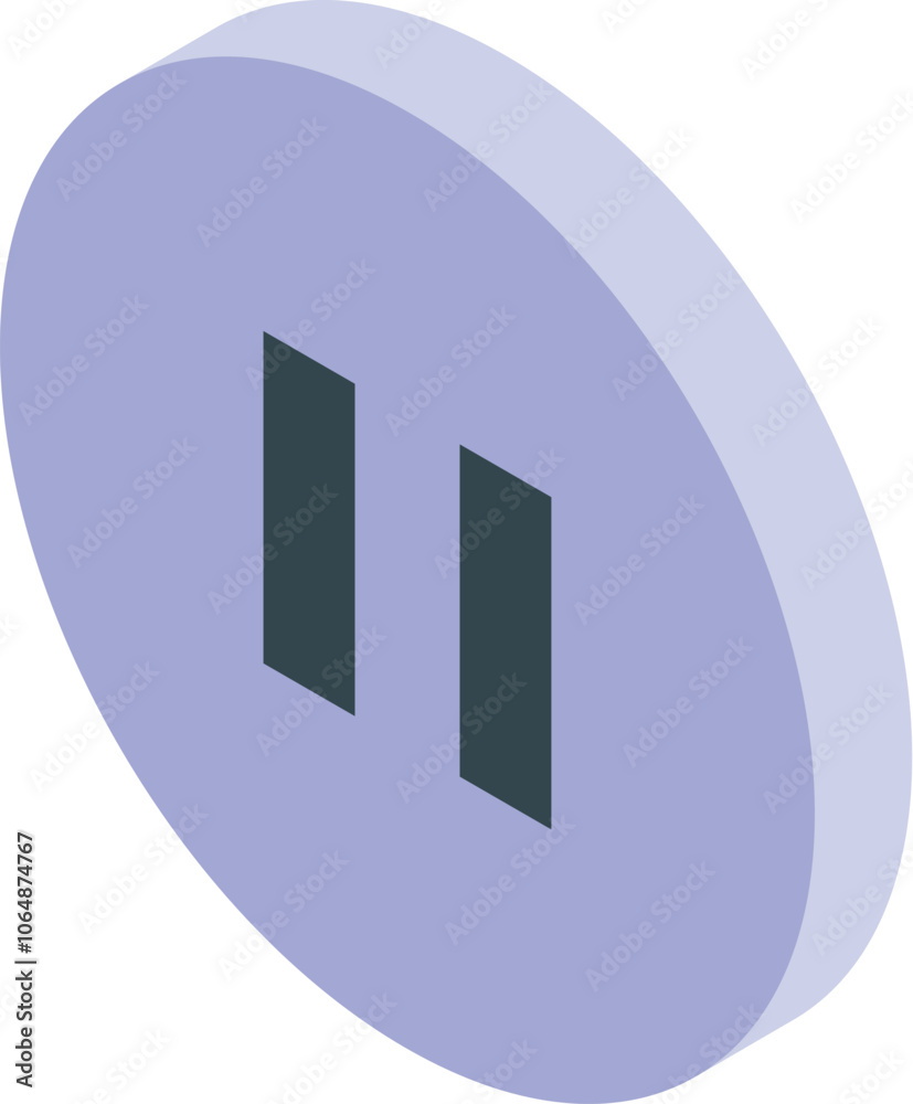 Poster round purple pause button with two vertical rectangles representing a temporary stop in an isometric
