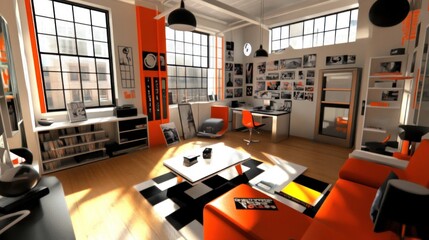 Obraz premium A modern, stylish living space with orange accents and a creative workspace.