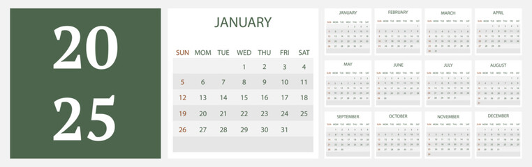 Vector flat illustration. Calendar for 2025. Modern design on a light background. Perfect for your workplace design.