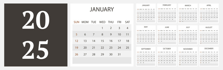 Vector flat illustration. Calendar for 2025. Modern design on a light background. Perfect for your workplace design.