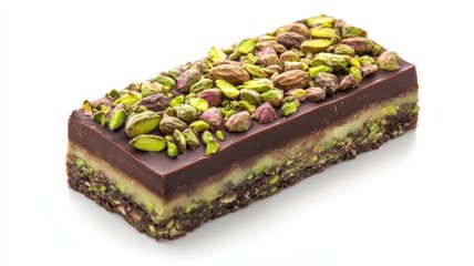Dubai Chocolate Kunafa Pistachio on white background,Dubai Chocolate bar with green kadayif and pistachio spread,popular and viral chocolate 2024,space for text.
