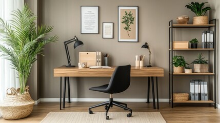 An elegant home office with a wooden desk