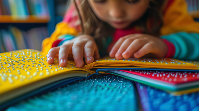 Child engaging in Braille reading session with colorful tactile books in vibrant library setting