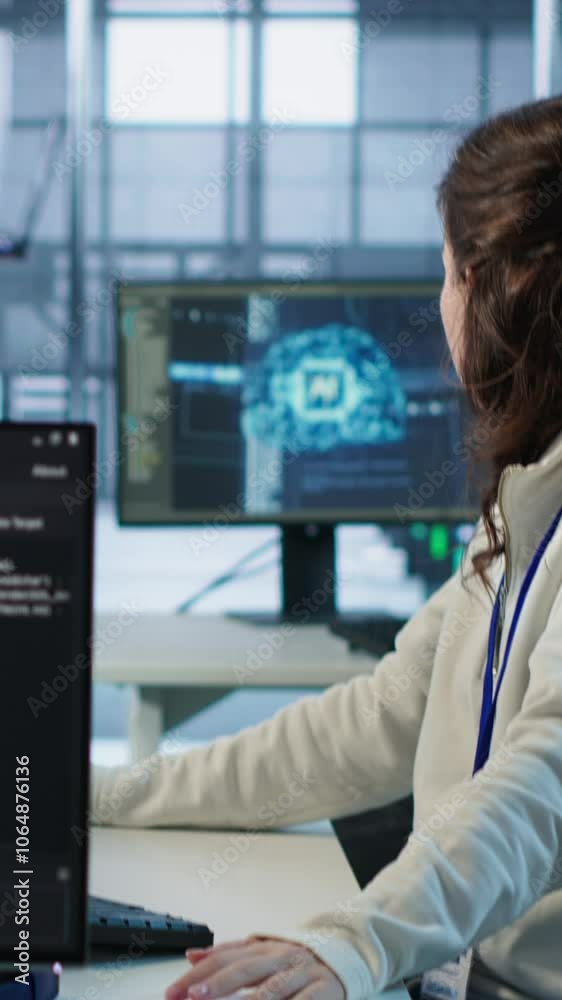 Poster angry woman getting computer crash while trying to fix error in high tech data center. furious emplo
