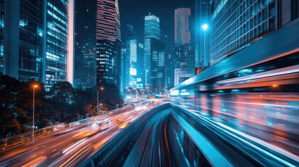 A vibrant nighttime scene of a futuristic city skyline, viewed from a moving vehicle, capturing the essence of innovation and excitement.