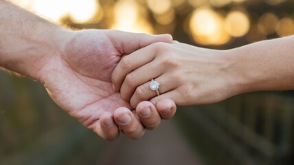 Engaged Couple Holding Hands at Sunset