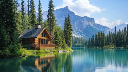 Fototapeta premium A warm wooden cabin located by a calm lake, surrounded by lush forests and towering mountains, inviting serenity and adventure in nature.