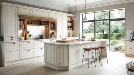 Fototapeta premium An elegant kitchen area featuring white cabinetry with wooden accents