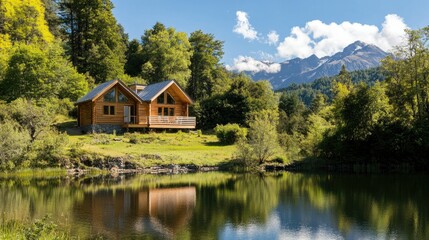 Obraz premium An idyllic wooden cabin situated by a peaceful lake, embraced by lush forests and stunning mountain views, perfect for a nature escape.