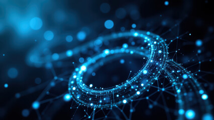 The image is a digital art representation of a neural network with interconnected nodes in blue and white colors.