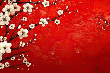 Spring blossom border over red background with copyspace. Chinese new year nature design. with generative ai