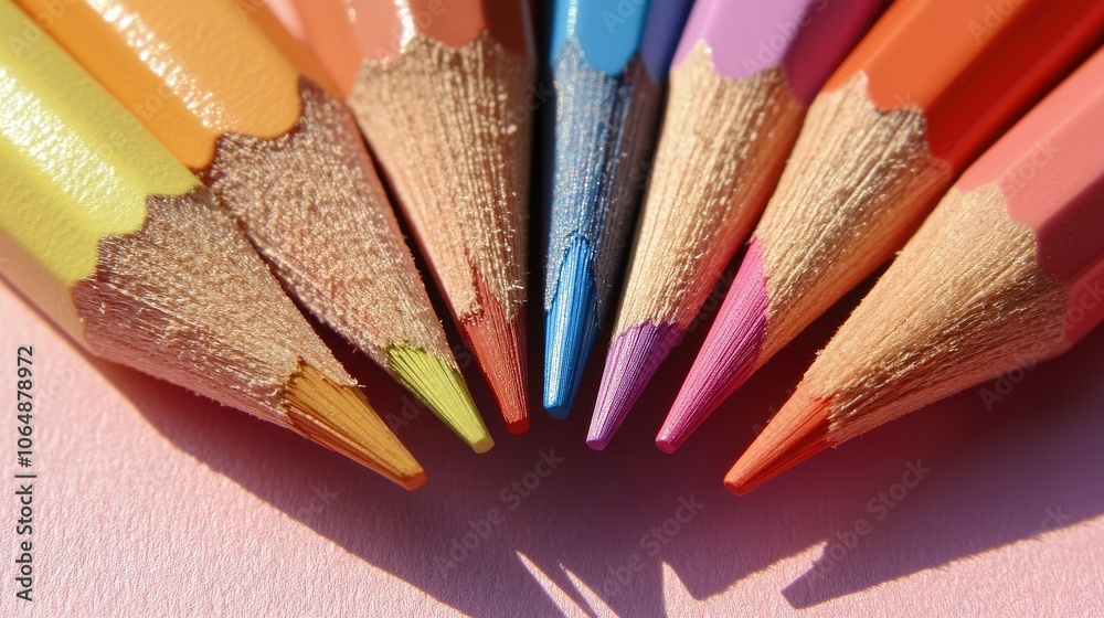 Poster Close-up of brightly colored pencils positioned in a semi-circle on a soft pink backdrop, creating a playful and artistic atmosphere.