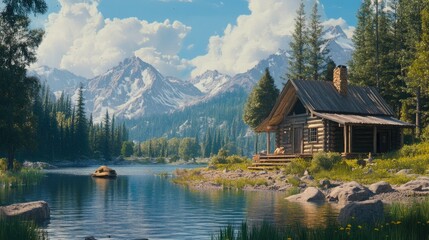 Fototapeta premium Close-up of a rustic cabin by a tranquil lake, surrounded by vibrant forests and towering mountains, showcasing nature's beauty and calmness.
