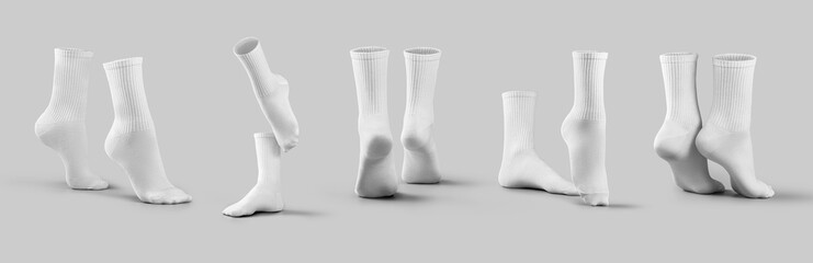 Mockup of white long socks 3D rendering, presentation of gaiters on tiptoes, for design, branding,...