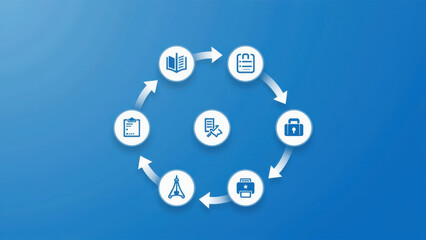 A circular diagram of interconnected icons representing a process or workflow.