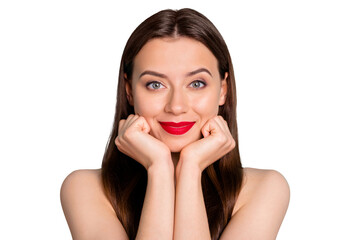 Close-up portrait of her she nice attractive calm peaceful straight-haired girl purity natural...