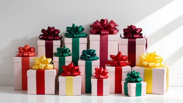 Gift boxes with festive wrapping paper and large satin bows, neatly stacked on a white background, various sizes and vibrant colors, creating a cheerful holiday vibe.