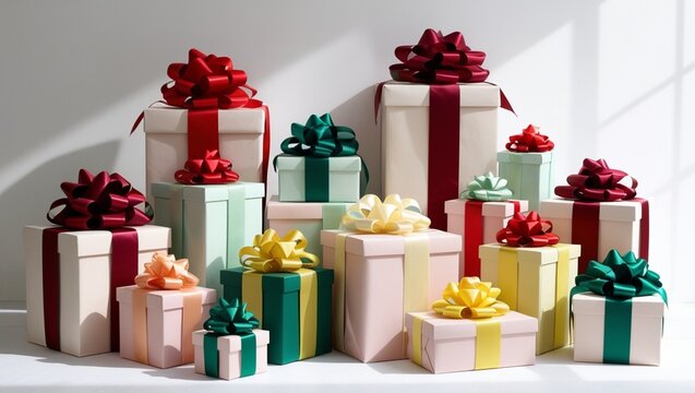 Gift boxes with festive wrapping paper and large satin bows, neatly stacked on a white background, various sizes and vibrant colors, creating a cheerful holiday vibe.