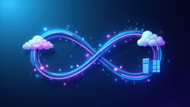 Magical digital technology with neon clouds and infinite loop.
