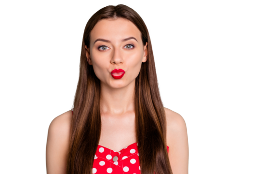 Close-up portrait of her she nice-looking attractive lovely lovable calm peaceful straight-haired girl life partner sending kiss isolated over green blue turquoise bright vivid shine background