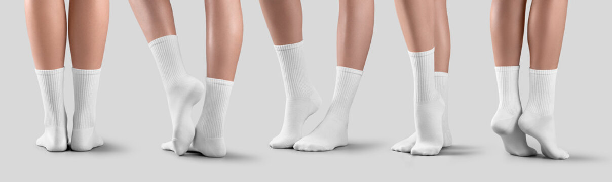 Mockup of long white socks on beautiful female legs on tiptoes, stretched feet, side, back view, for design, branding. Set