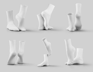 Mockup of white medium socks 3D rendering, presentation of gaiters on tiptoes, stretched feet, for...