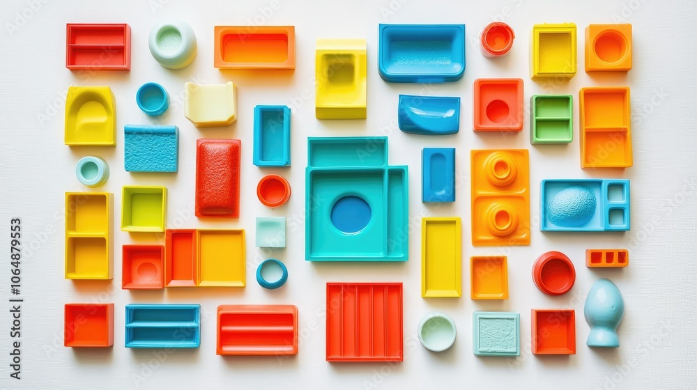 Poster flat lay of vibrant plastic toy bricks arranged on a white background, creating a playful and imagin