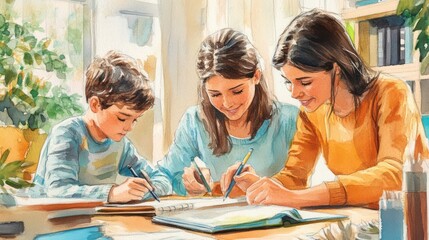 Parents teaching their children through homeschooling, using creative and engaging methods. Illustrations