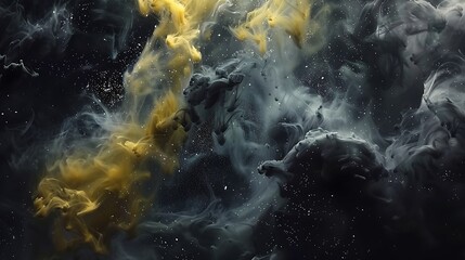 Abstract cosmic scene with black and yellow ink blending, with white fog clouds and shimmering glitter in an obsidian-like frame, creating a surreal, fluid motion effect