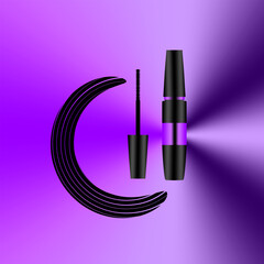 Mascara tube and wand applicator on abstract blue and purple background, Makeup cosmetic. 3d realistic vector illustration.