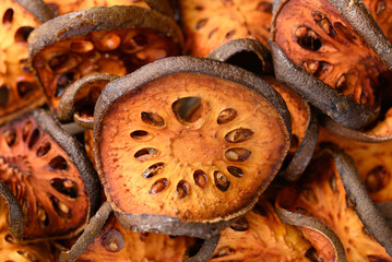Dried Bael fruit texture background, Herbal drink ingredient