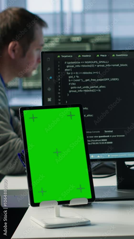 Poster green screen table in data center in front of it support specialists working together, supervising s