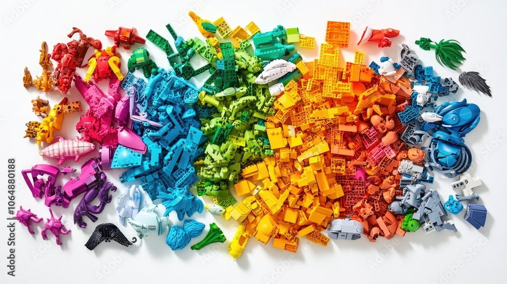 Poster top view of a colorful assortment of toy bricks on a bright white surface, inviting kids to explore 