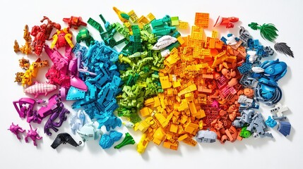 Fototapeta premium Top view of a colorful assortment of toy bricks on a bright white surface, inviting kids to explore and create.