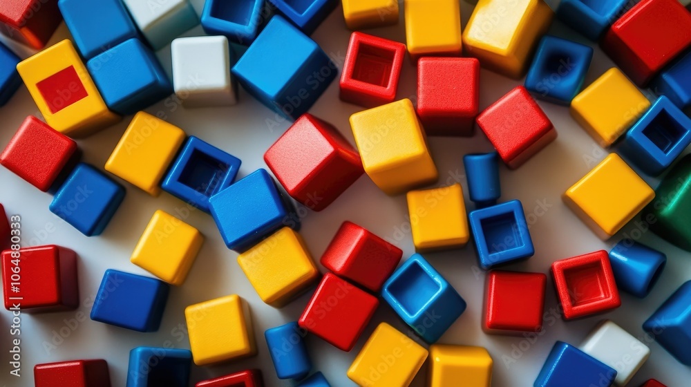 Poster top view of colorful toy blocks scattered on a clean white surface, evoking creativity and joy in pl