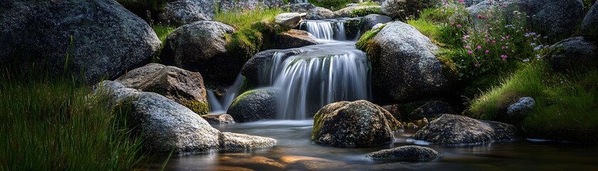 Cascading Waterfall Amidst Lush Greenery and Rocks