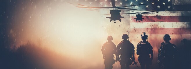 Silhouette of soldiers and helicopter with American flag