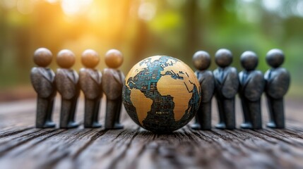 Naklejka premium A diverse group of figures stands around a globe, symbolizing global teamwork and international collaboration in nature.
